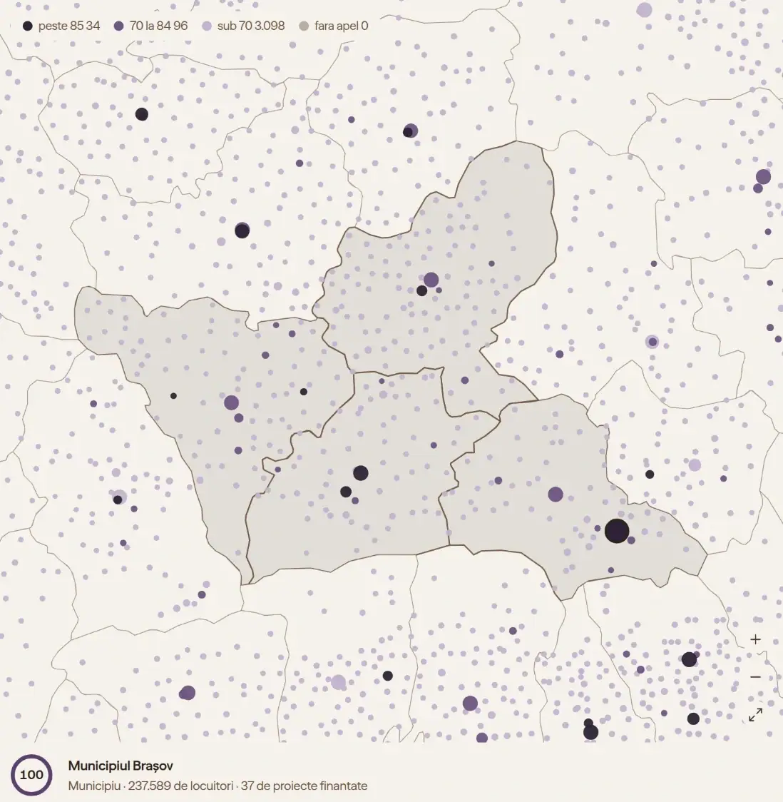 Harta Arkadia cu autoritățile din regiunea Centru și din jur, colorate după punctaj